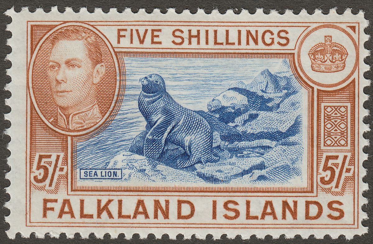 Falkland Islands 1938 KGVI 5sh Blue and Chestnut Mint SG161 cat £150