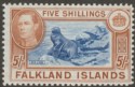 Click for more photos and details Falkland Islands 1938 KGVI 5sh Blue and Chestnut Mint SG161 cat £150