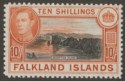 Click for more photos and details Falkland Islands 1949 KGVI 10sh Black and Red-Orange Mint SG162b cat £120