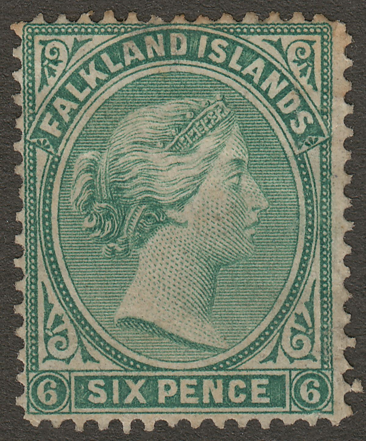 Falkland Islands 1878 QV 6d Blue-Green Mint SG3 cat £120 faults thin toning