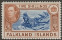 Click for more photos and details Falkland Islands 1950 KGVI 5sh Steel Blue and Brown-Buff Mint SG161d cat £425