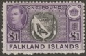 Click for more photos and details Falkland Islands 1944 KGVI £1 Grey-Black and Bluish Violet Mint SG163 cat £130