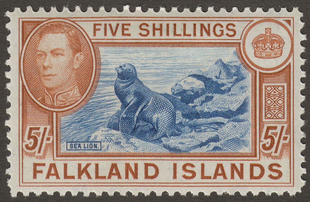 Falkland Islands 1949 KGVI 5sh Dull Blue and Yellow-Brown Mint SG161c cat £120