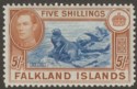 Click for more photos and details Falkland Islands 1949 KGVI 5sh Dull Blue and Yellow-Brown Mint SG161c cat £120