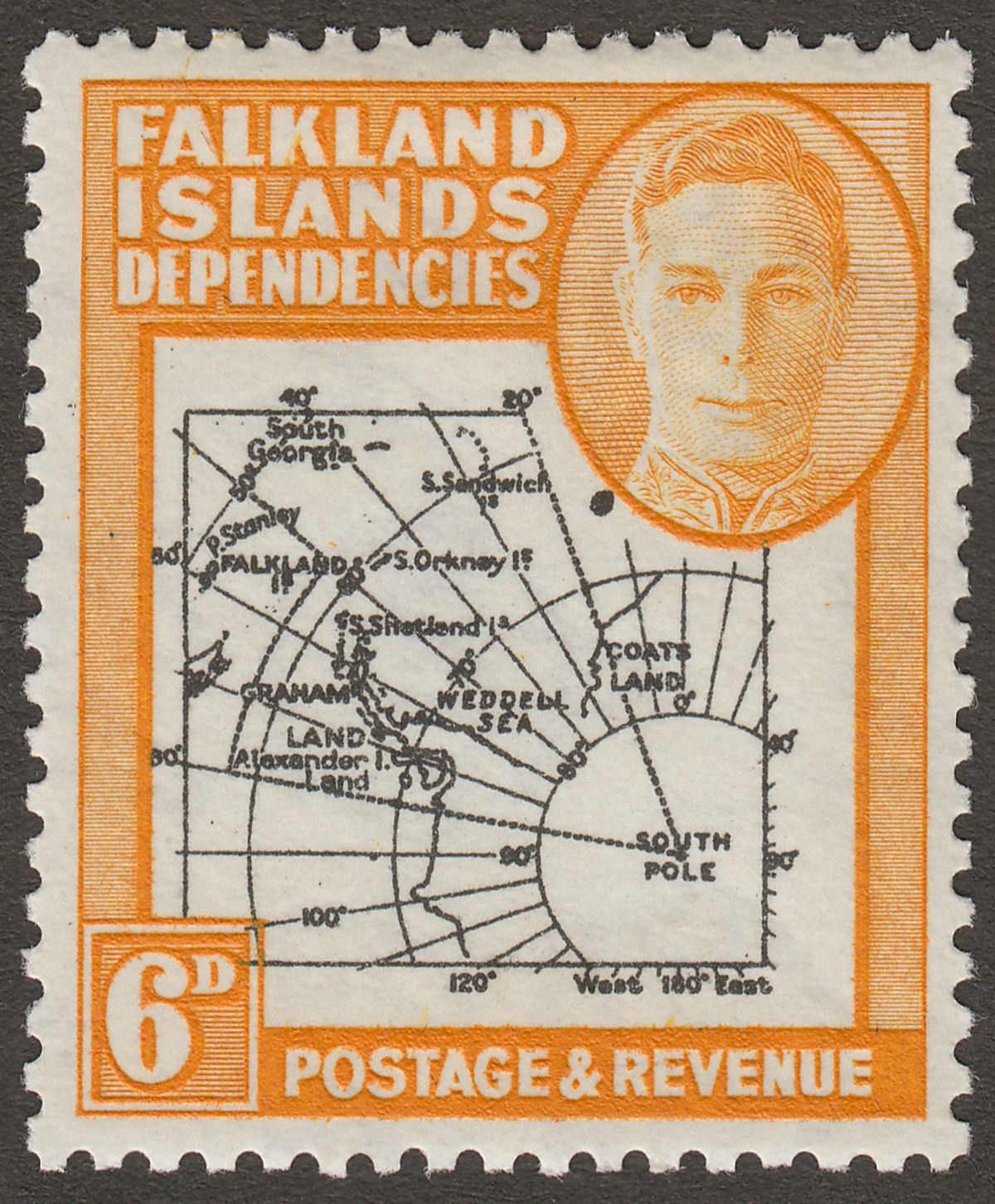 Falkland Islands Dependencies 1946 KGVI 6d w Variety Dot By Oval Mint SG G6d