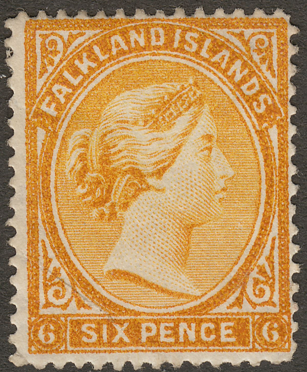 Falkland Islands 1891 QV 6d Orange-Yellow wmk Reversed Mint SG33x faults