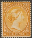 Click for more photos and details Falkland Islands 1891 QV 6d Orange-Yellow wmk Reversed Mint SG33x faults