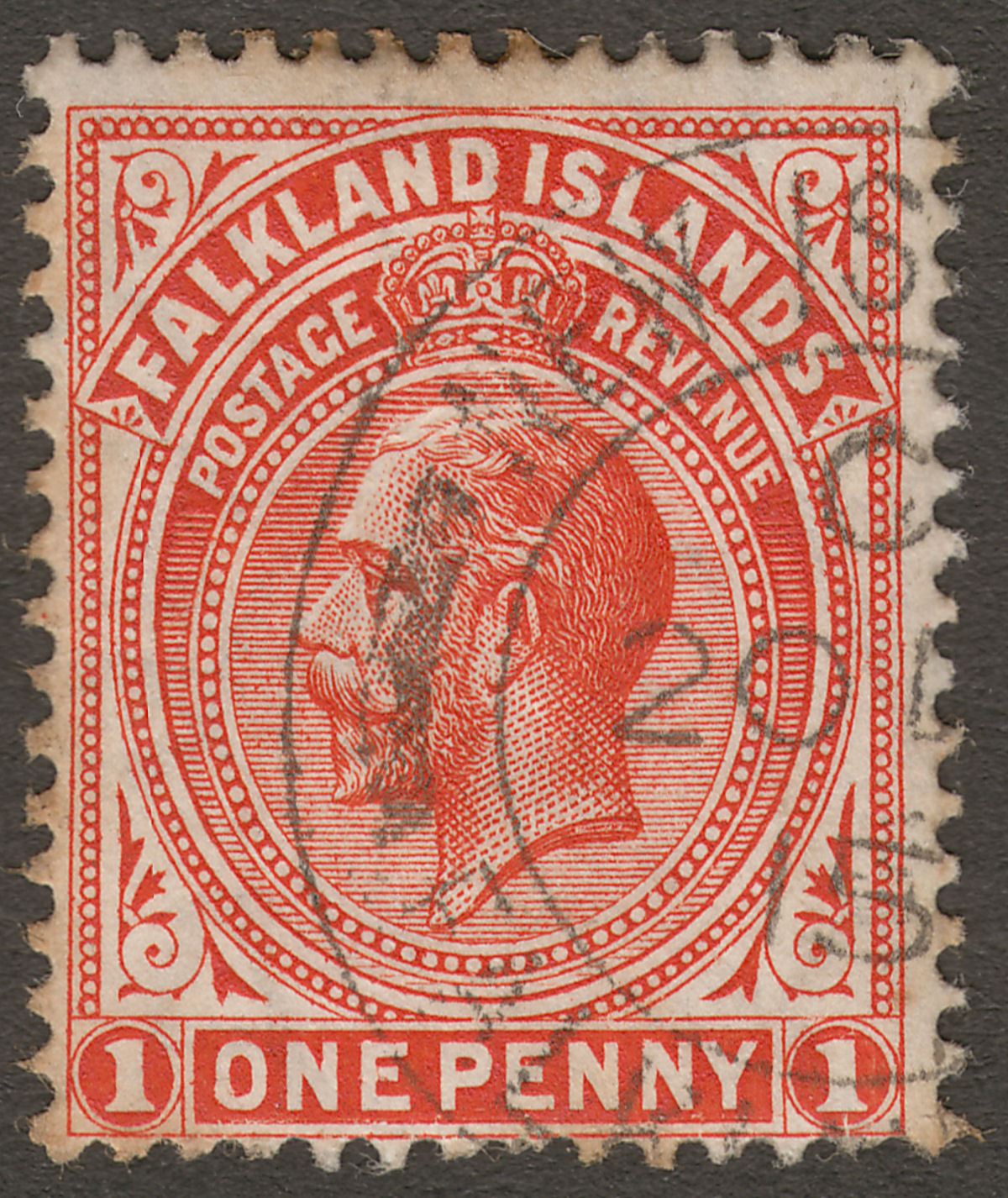 Falkland Islands 1915 KGV 1d Orange-Red Used w NEW ISLAND code C Postmark 20 DE