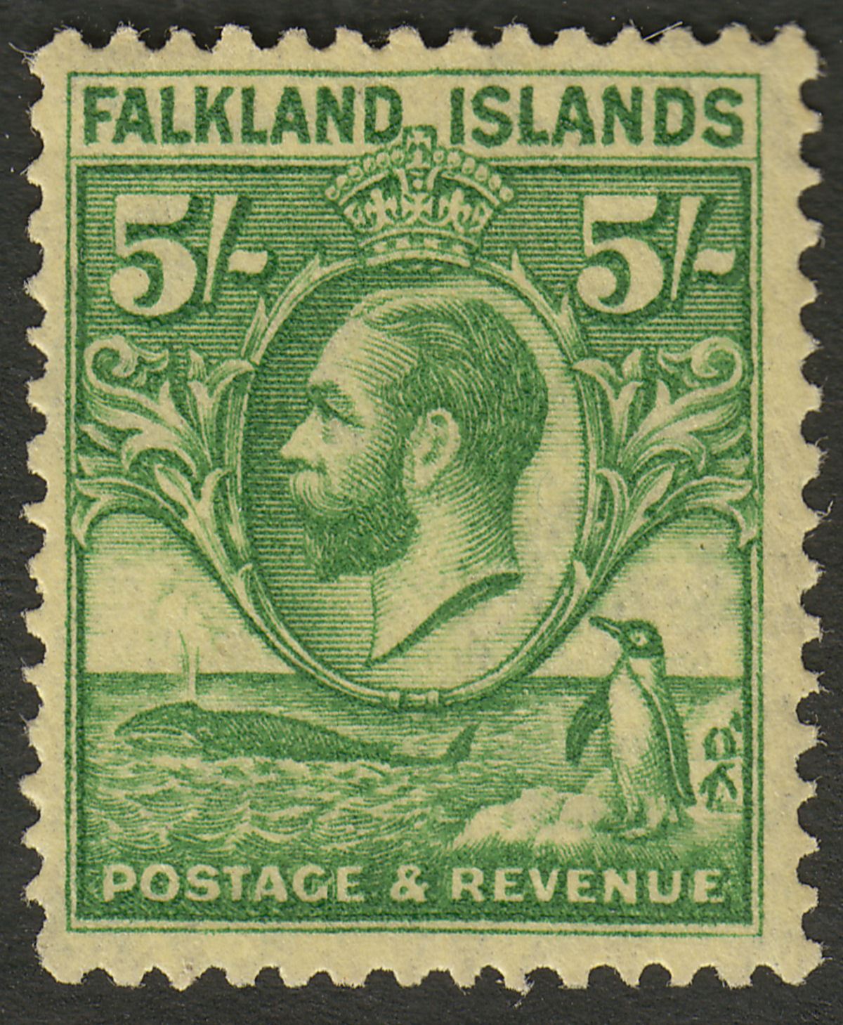 Falkland Islands 1929 KGV Whale + Penguins 5sh Green on Yel Mint SG124 cat £100