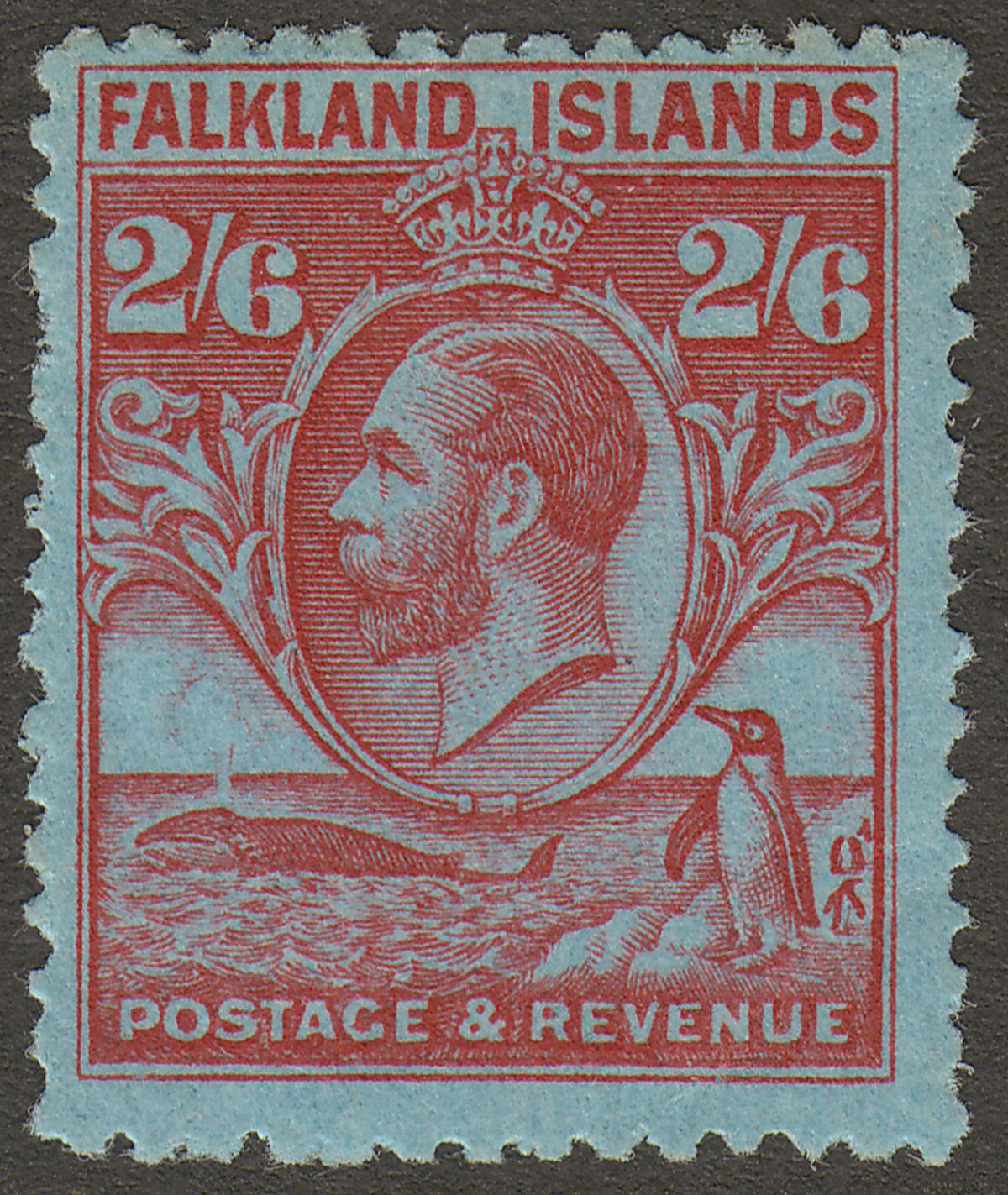 Falkland Islands 1929 KGV Whale + Penguins 2sh6d Carm on Blue Mint SG123 cat £70