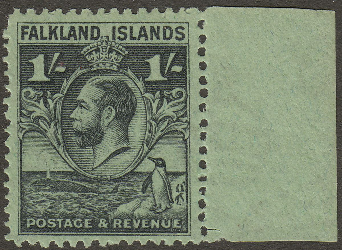 Falkland Islands 1929 KGV Whale and Penguins 1sh Black on Emerald Mint SG122 MNH