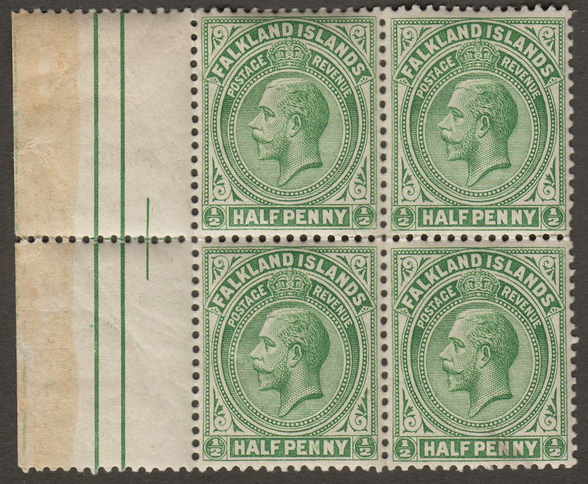 Falkland Islands 1920 KGV ½d Dull Bluish Green Margin Block of Four Mint SG60d