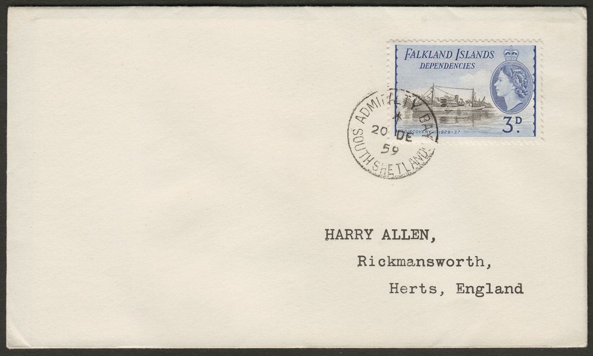 Falkland Islands Dependencies 1959 QEII Ships 3d Used on Cover ADMIRALTY BAY
