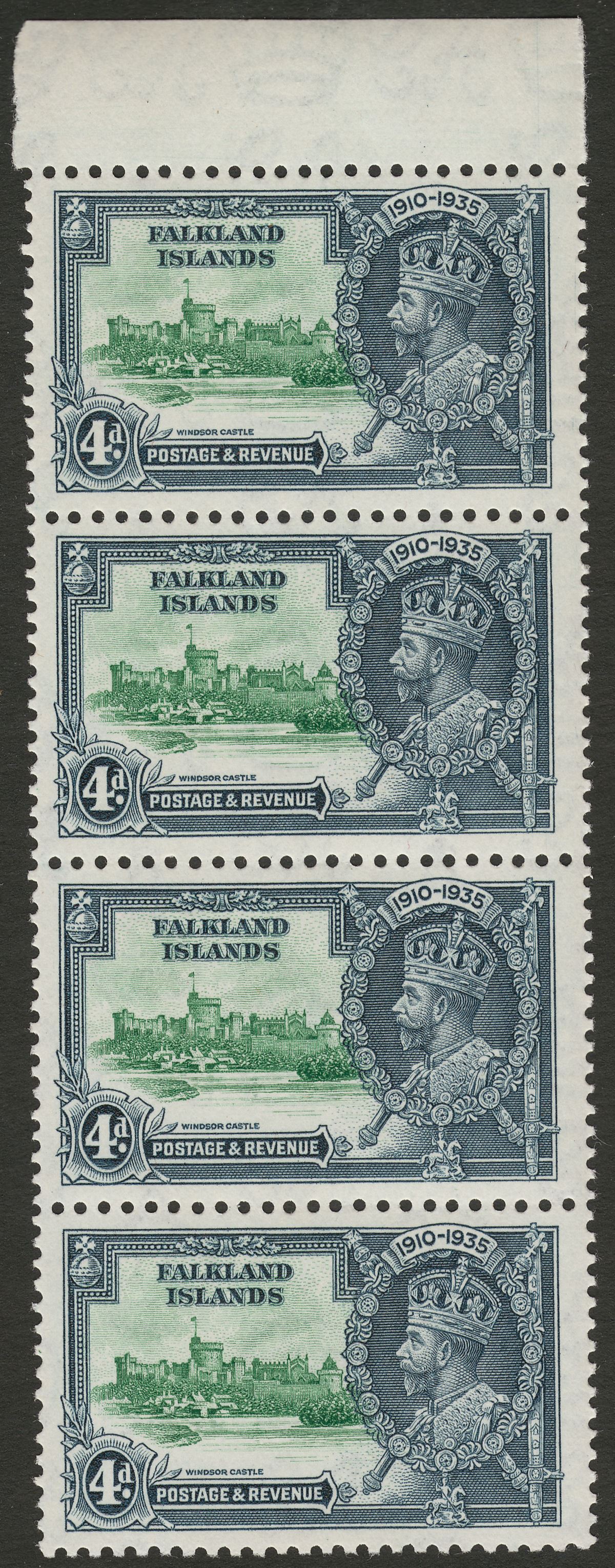Falkland Islands 1935 KGV Silver Jubilee 4d Margin Strip of 4 Mint SG141 cat £96