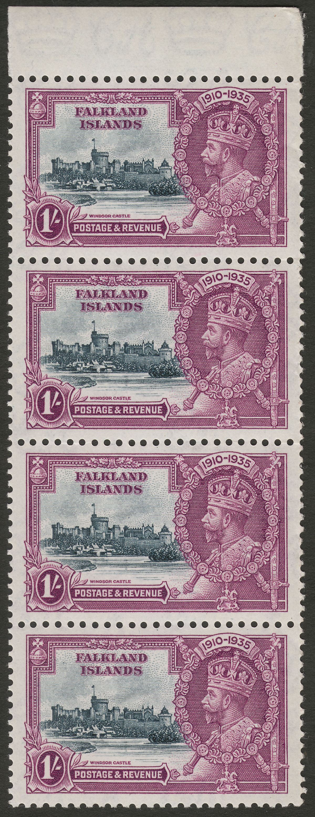 Falkland Islands 1935 KGV Silver Jubilee 1sh Margin Strip of 4 Mint SG142 cat£60