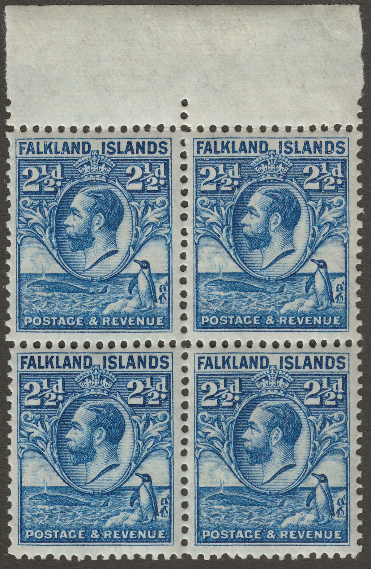 Falkland Islands 1929 KGV Whale and Penguins 2½d Blue Block of 4 Mint SG119