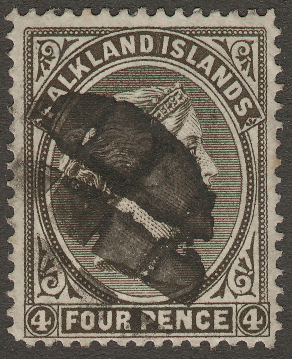 Falkland Islands 1889 QV 4d Olive Grey-Black wmk Crown Upright Used SG12 cat £60