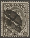 Click for more photos and details Falkland Islands 1889 QV 4d Olive Grey-Black wmk Crown Upright Used SG12 cat £60