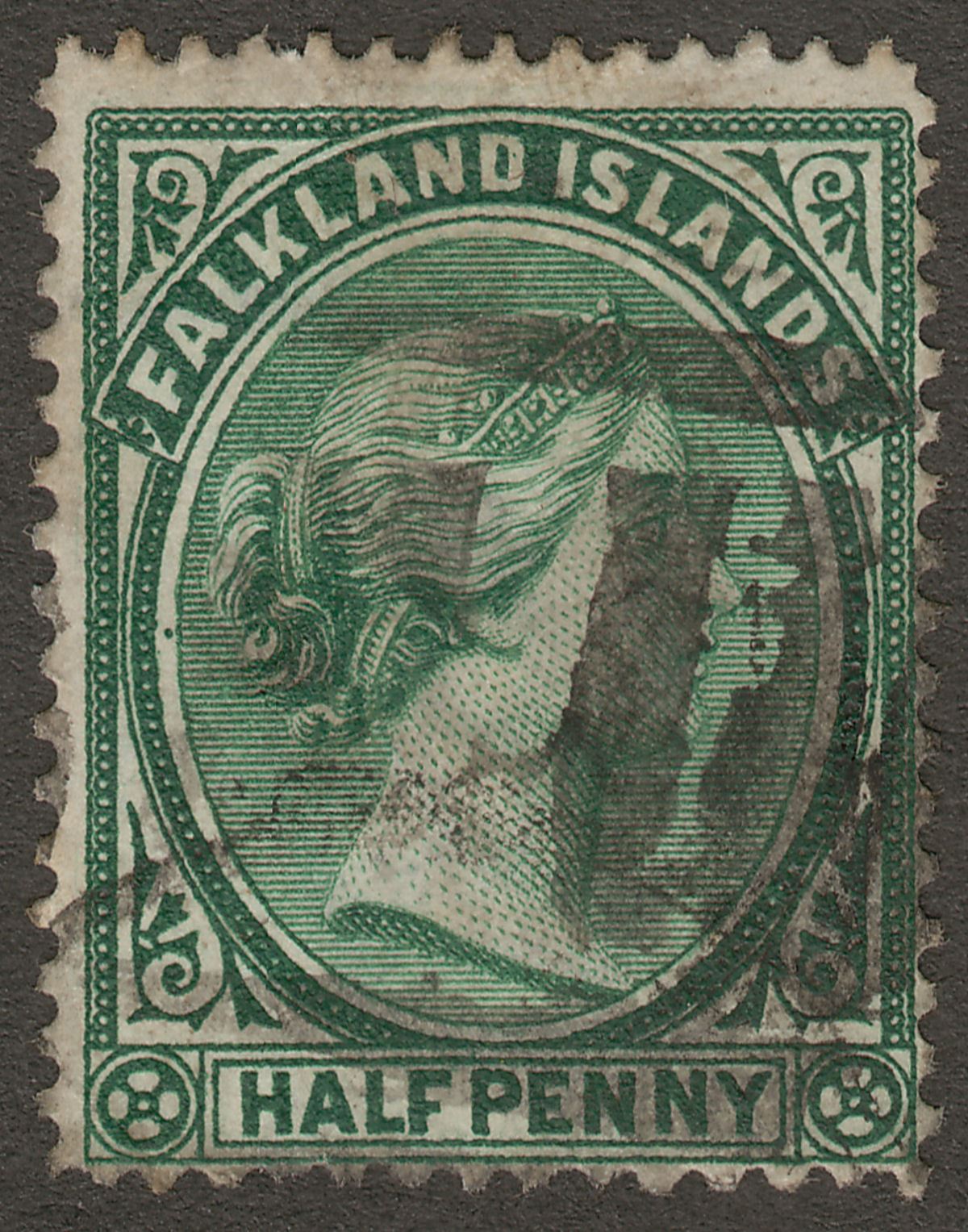 Falkland Islands 1892 QV ½d Green Used SG16 with Pointed Nose FI Cork Postmark