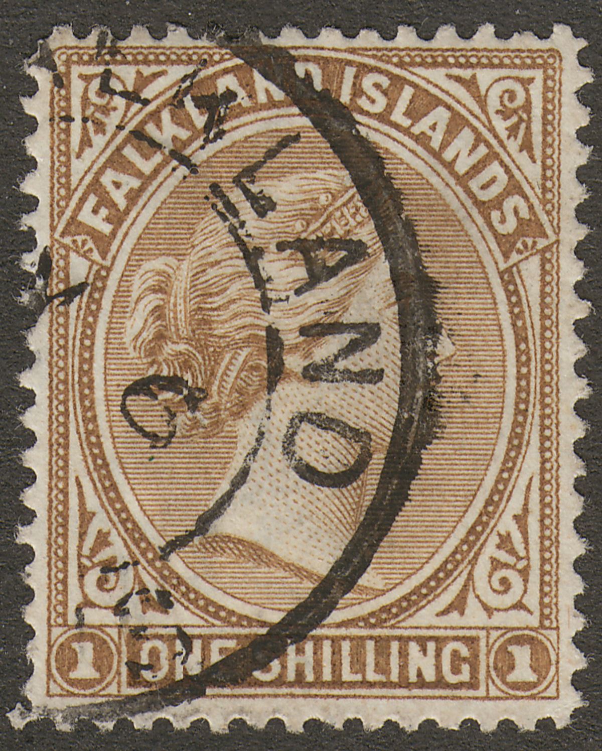 Falkland Islands 1896 QV 1sh Yellow-Brown Used SG38 cat £48 with CDS Postmark