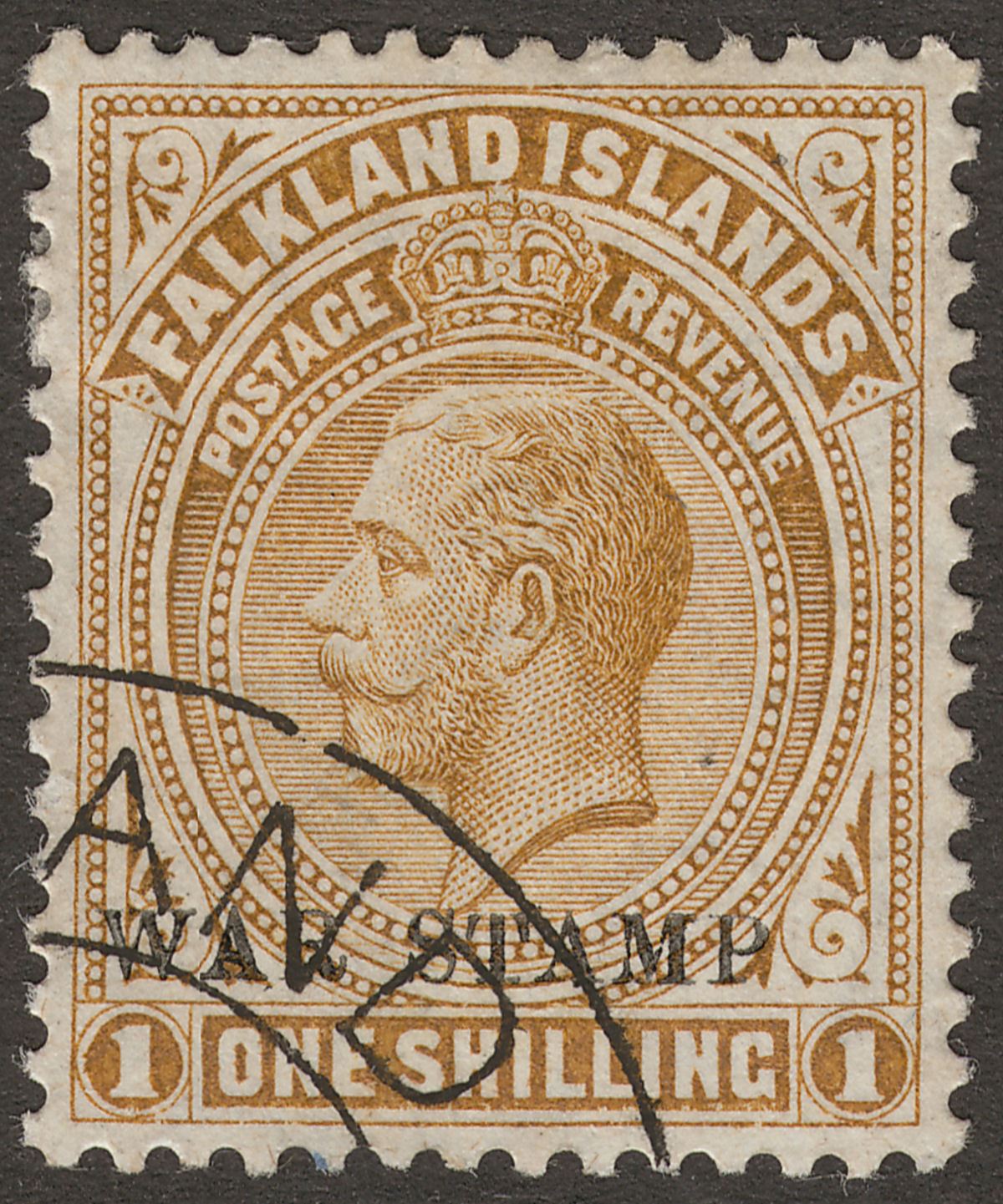 Falkland Islands 1919 KGV War Tax 1sh Pale BistreBrown Used SG72a cat