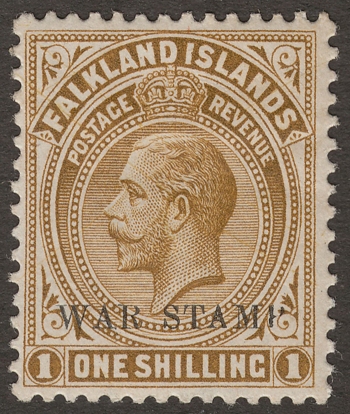 Falkland Islands 1920 KGV War Tax 1sh Pale Brown Mint SG72b light offset reverse