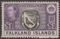 Click for more photos and details Falkland Islands 1938 KGVI £1 Black and Violet Mint SG163 cat £130