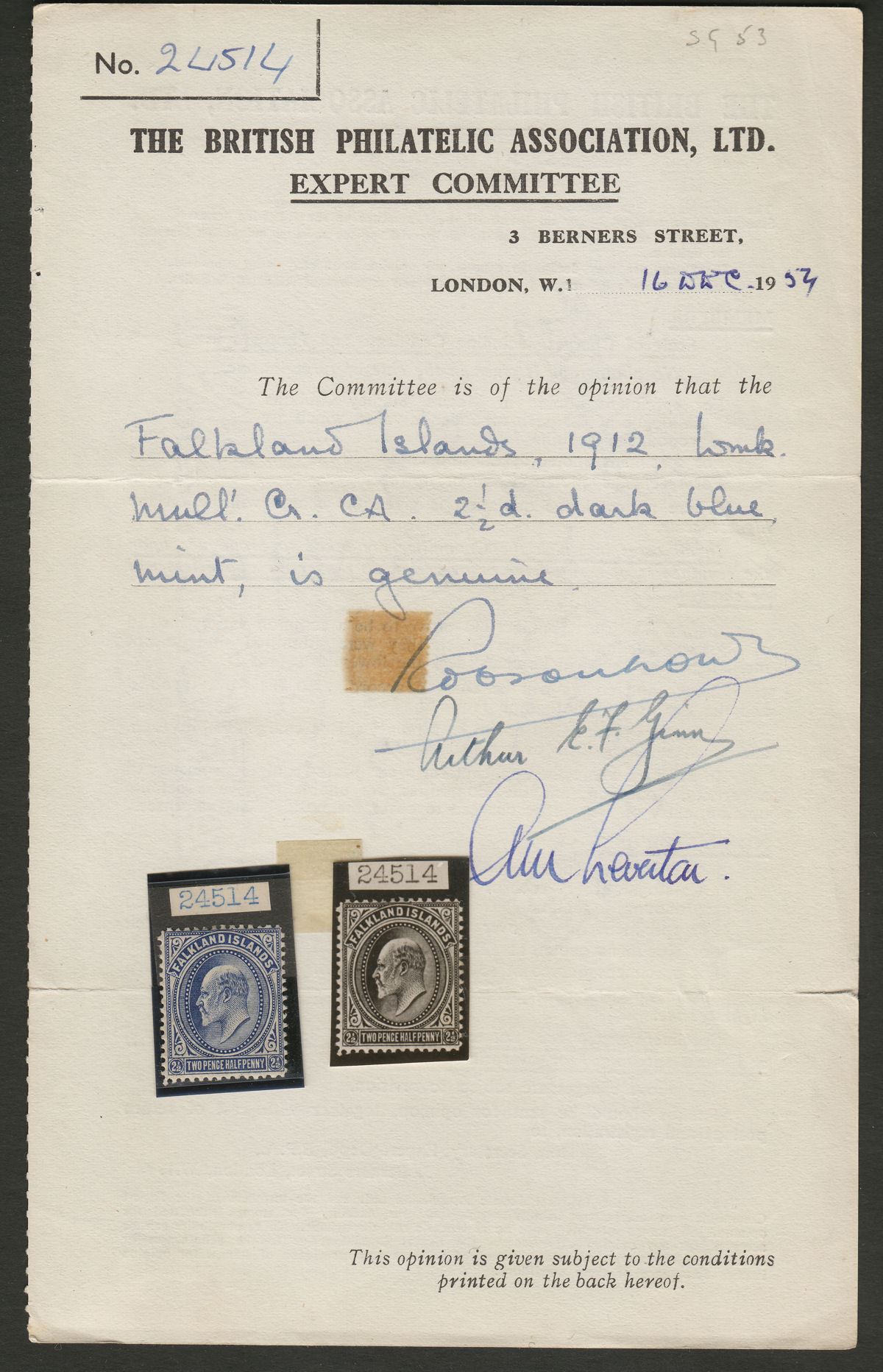 Falkland Islands 1912 KEVII 2½d Deep Blue Mint SG46b cat £275 with BPA Cert