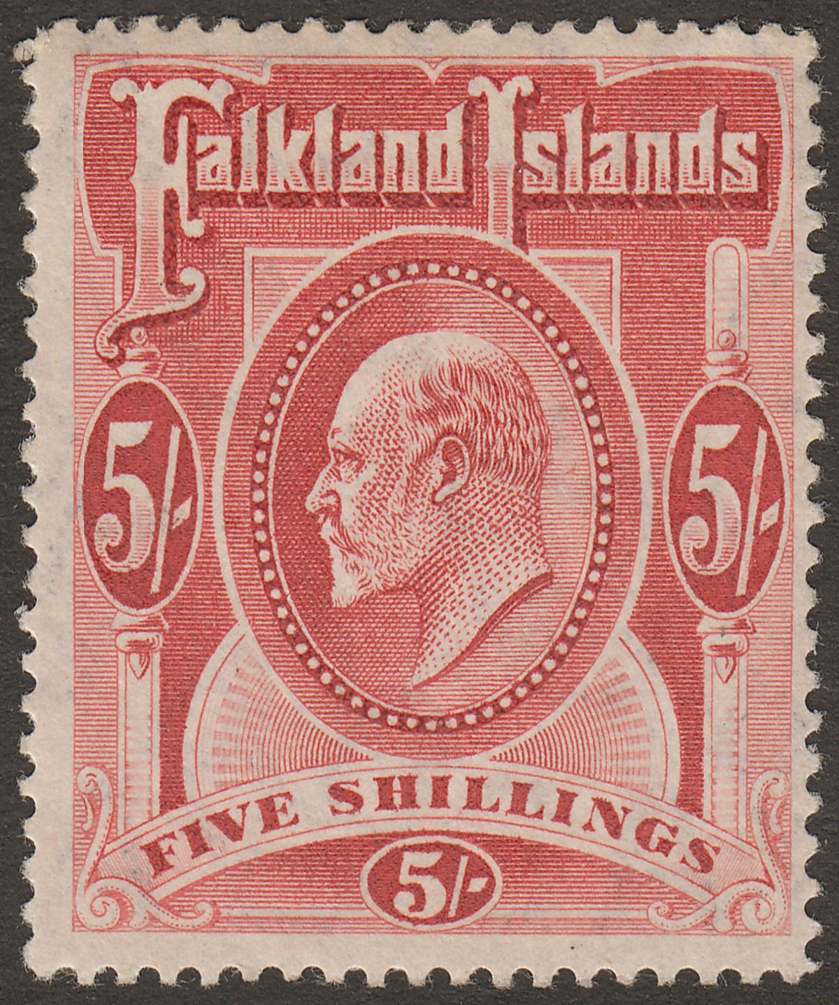 Falkland Islands 1904 KEVII 5sh Red Mint SG50 cat £225 one thin perf