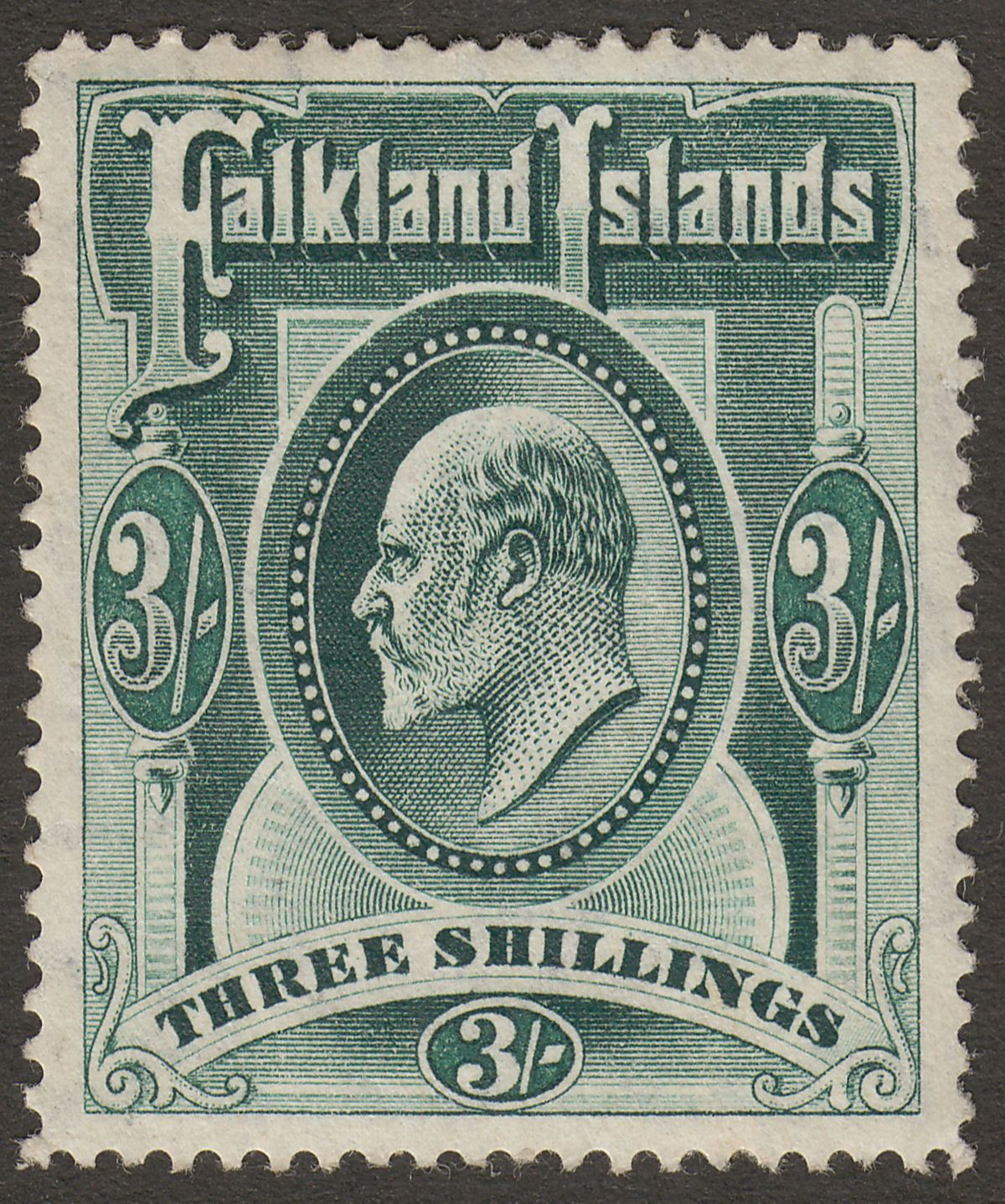 Falkland Islands 1904 KEVII 3sh Green Mint SG49 cat £180 light gum adhesion