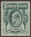 Click for more photos and details Falkland Islands 1904 KEVII 3sh Green Mint SG49 cat £180 light gum adhesion
