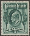 Click for more photos and details Falkland Islands 1907 KEVII 3sh Deep Green Mint SG49b cat £150