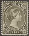 Click for more photos and details Falkland Islands 1895 QV 4d Olive-Black Mint SG32 cat £16 with shallow thins