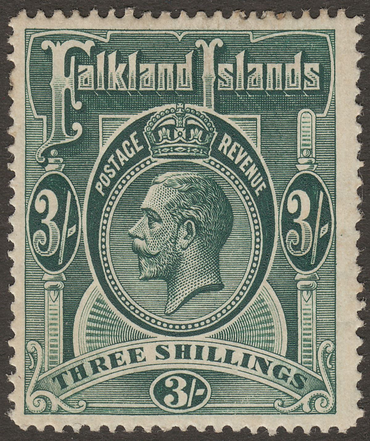 Falkland Islands 1912 KGV 3sh Slate-Green Mint SG66 cat £95 gum loss