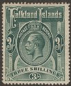Click for more photos and details Falkland Islands 1912 KGV 3sh Slate-Green Mint SG66 cat £95 gum loss