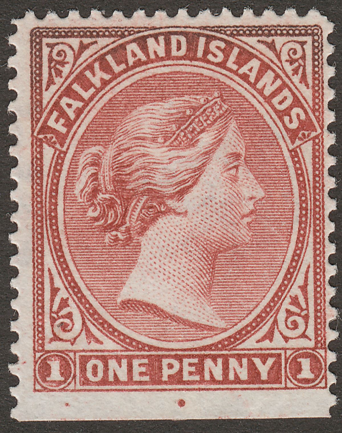 Falkland Islands 1887 QV 1d Br Claret wmk Crown Right Mint SG8w c£150 Oxidised