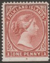 Click for more photos and details Falkland Islands 1887 QV 1d Br Claret wmk Crown Right Mint SG8w c£150 Oxidised