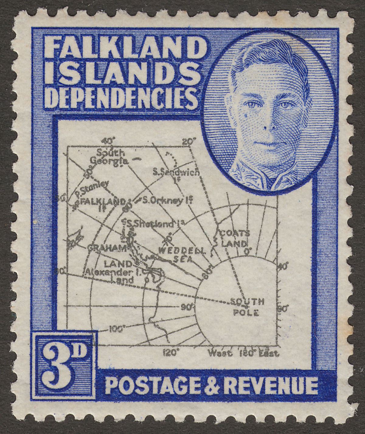 Falkland Islands Dependencies 1946 KGVI 3d w Teardrop Flaw Mint SG G4e c£110 tns