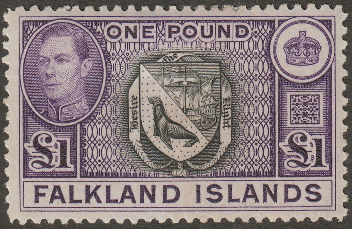 Falkland Islands 1944 KGVI £1 Grey-Black + Bluish Violet Mint SG163 c£130 discol