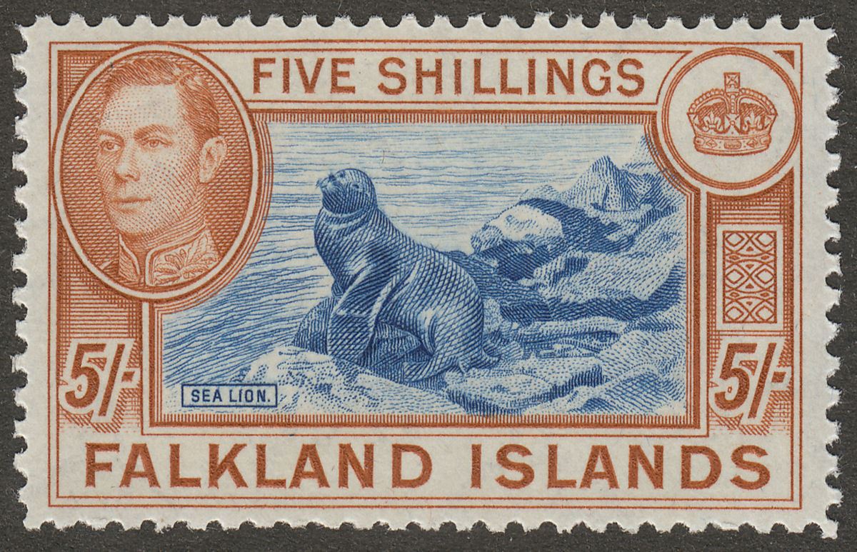 Falkland Islands 1949 KGVI 5sh Dull Blue + Yellow-Brown UM Mint SG161c cat £120