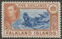 Click for more photos and details Falkland Islands 1949 KGVI 5sh Dull Blue + Yellow-Brown UM Mint SG161c cat £120