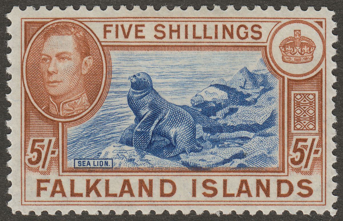 Falkland Islands 1950 KGVI 5sh Steel Blue and Brown-Buff Mint SG161d cat £425