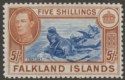 Click for more photos and details Falkland Islands 1950 KGVI 5sh Steel Blue and Brown-Buff Mint SG161d cat £425