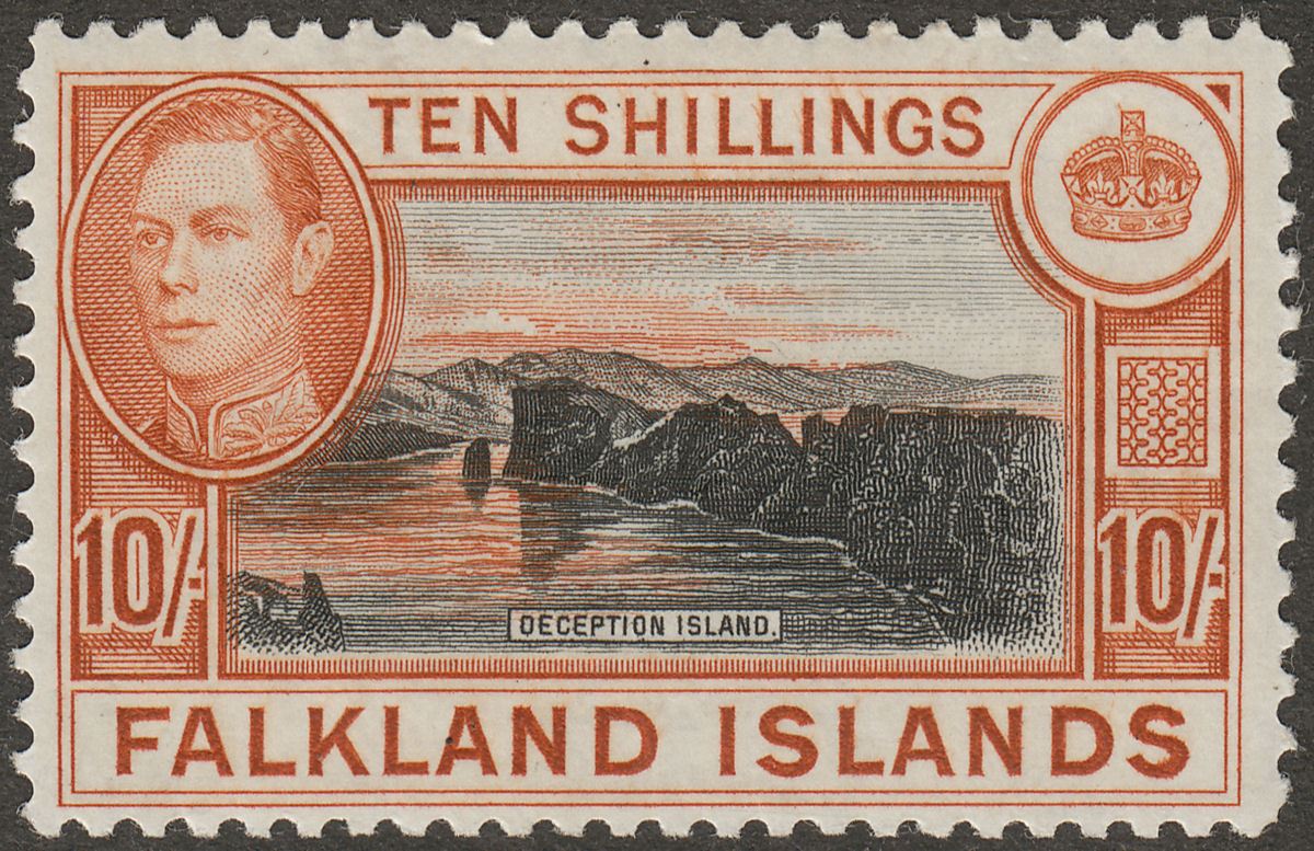 Falkland Islands 1938 KGVI 10sh Black and Orange-Brown Mint SG162 cat £200