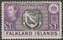 Click for more photos and details Falkland Islands 1938 KGVI £1 Black and Reddish Violet Mint SG163 cat £130+