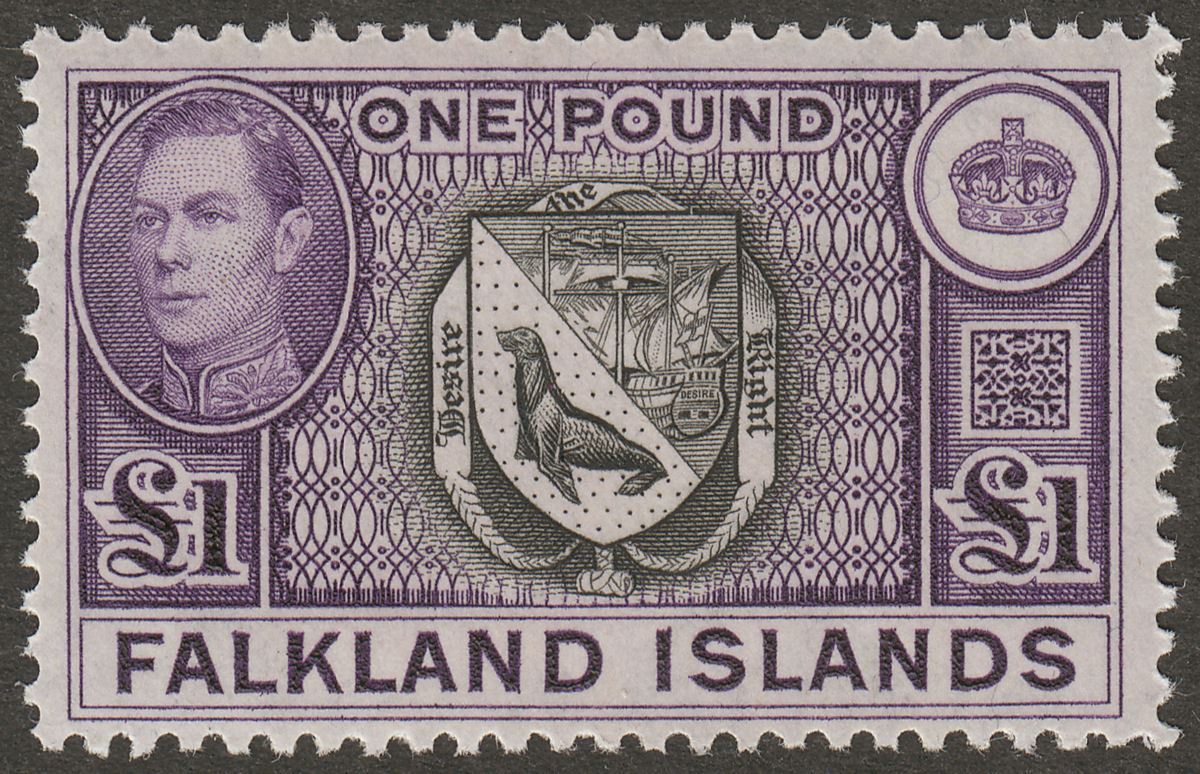 Falkland Islands 1944 KGVI £1 Grey-Black and Bluish Violet Mint SG163 cat £130