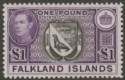 Click for more photos and details Falkland Islands 1944 KGVI £1 Grey-Black and Bluish Violet Mint SG163 cat £130