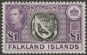 Click for more photos and details Falkland Islands 1938 KGVI £1 Black and Dull Violet Mint SG163 cat £130