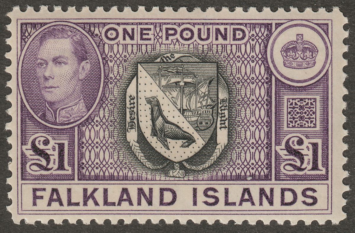 Falkland Islands 1938 KGVI £1 Black + Dull Violet Mint SG163 cat £130 TONED FLTS
