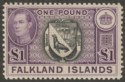 Click for more photos and details Falkland Islands 1938 KGVI £1 Black + Dull Violet Mint SG163 cat £130 TONED FLTS